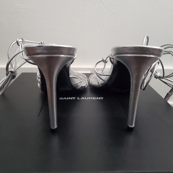 NIB SAINT LAURENT Robin 85 Metallic Argento Strappy High Heel Sandals sz 37 - Picture 9 of 12